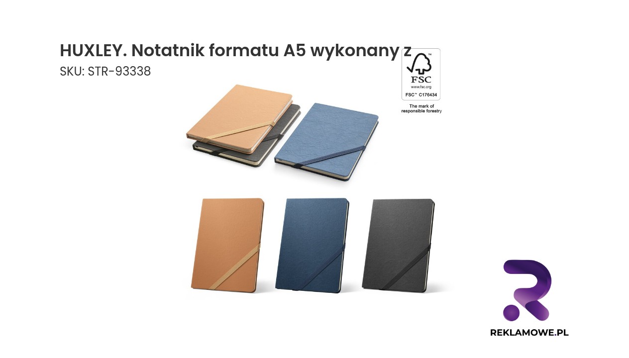 HUXLEY. Notatnik formatu A5, wykonany z papieru wodoodpornego, z kartkami w linie, wykonany z materiału z certyfikatem FSC™ i innych materiałów kontrolowanych HUXLEY notatnik formatu A5 wykonany z materiałów ekologicznych