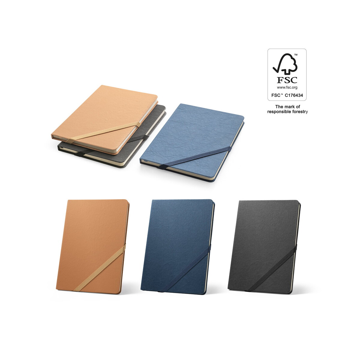HUXLEY. Notatnik formatu A5, wykonany z papieru wodoodpornego, z kartkami w linie, wykonany z materiału z certyfikatem FSC™ i innych materiałów kontrolowanych 93338_set